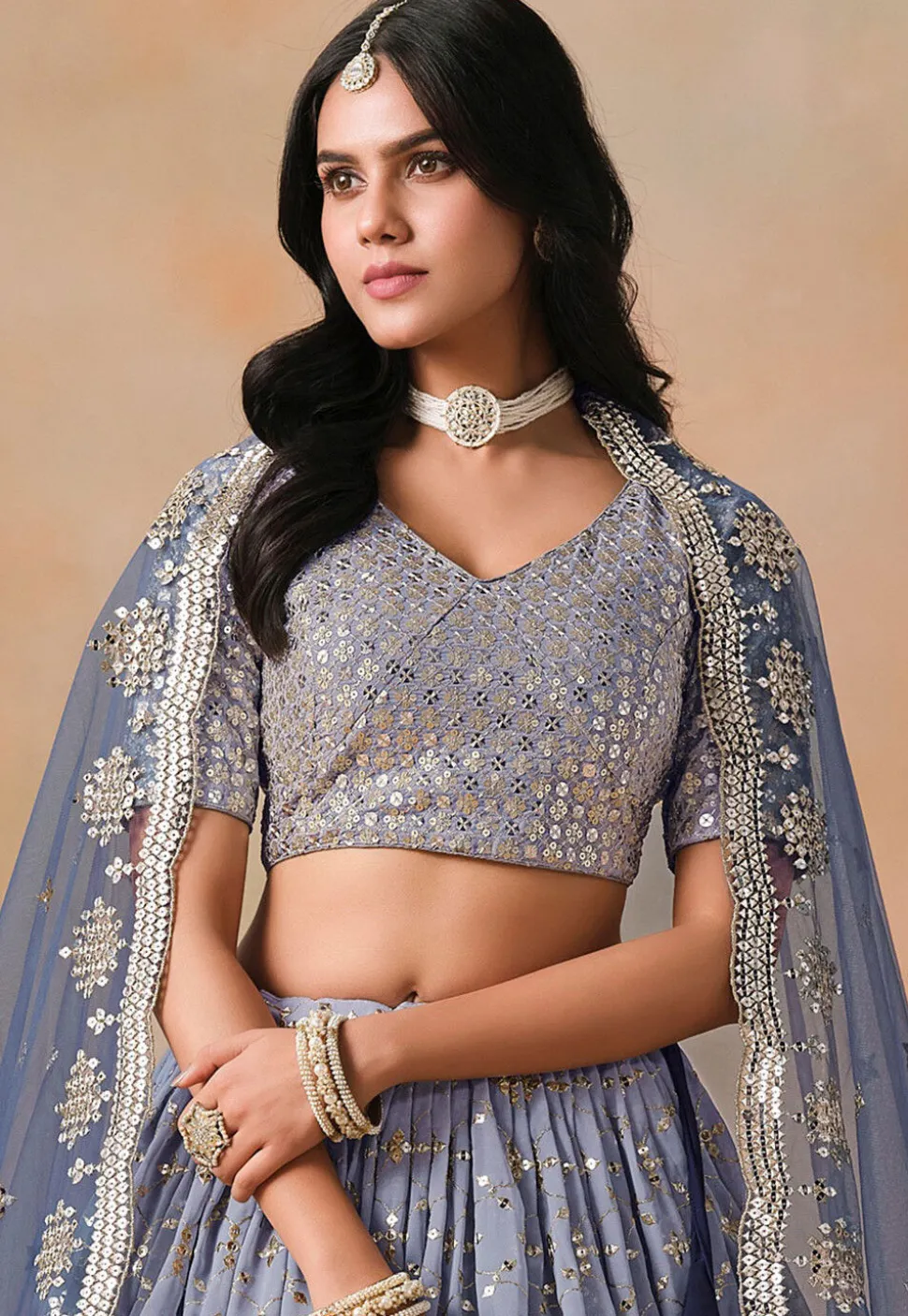 Embroidered Georgette Lehenga in Shaded Blue