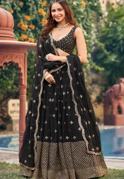 Embroidered Georgette Lehenga in Black