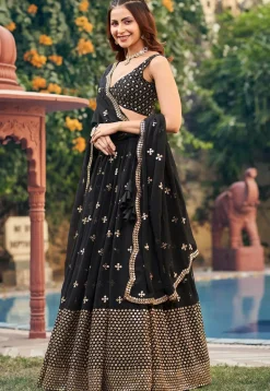 Embroidered Georgette Lehenga in Black