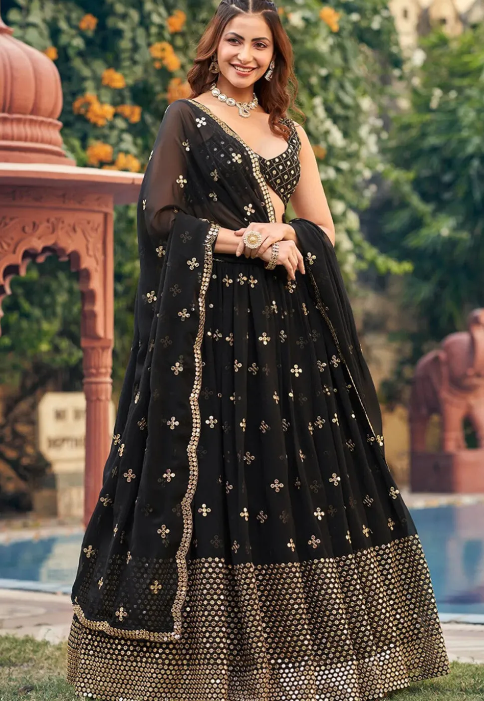 Embroidered Georgette Lehenga in Black
