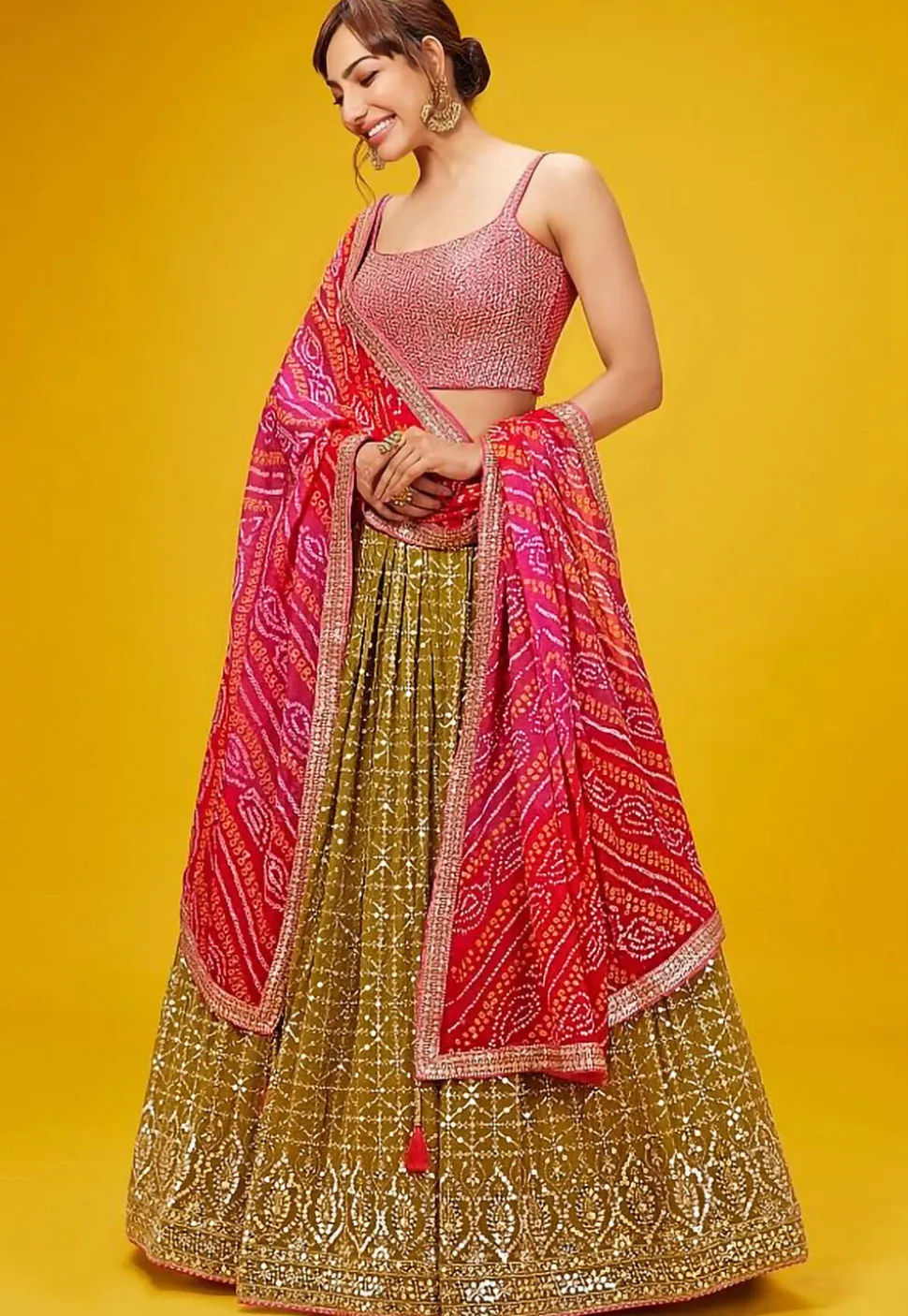 Embroidered Georgette Lehenga in Olive Green