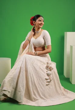 Embroidered Georgette Lehenga in Off-White