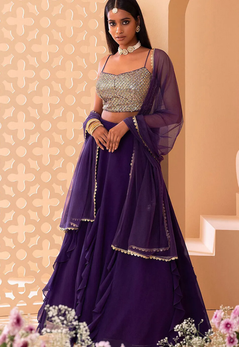 Embroidered Georgette Lehenga in Purple