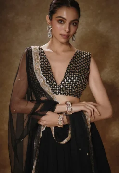 Embroidered Georgette Lehenga in Black