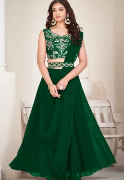 Embroidered Georgette Lehenga in Dark Green