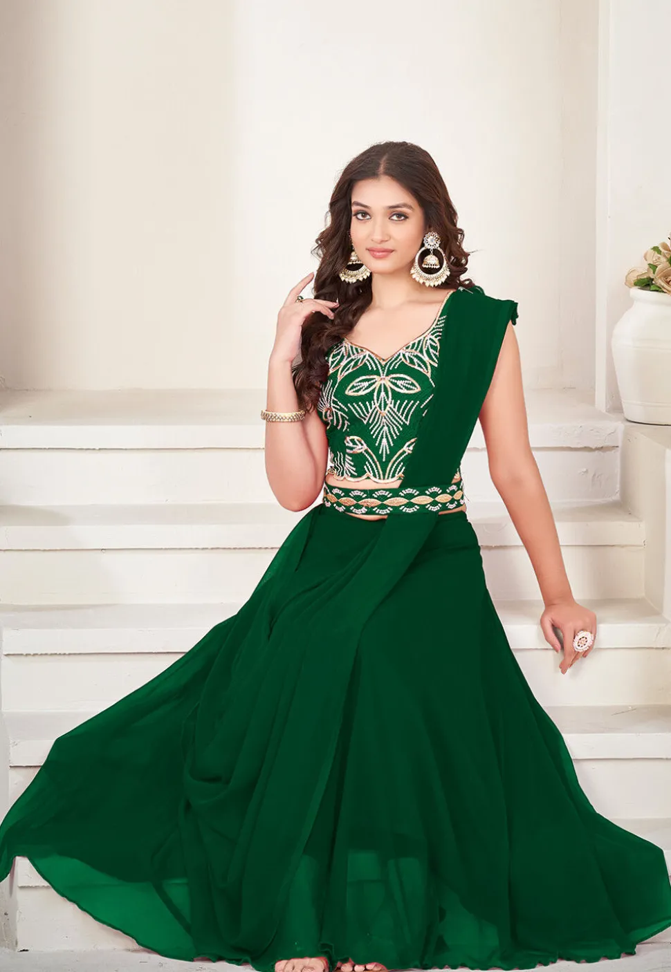Embroidered Georgette Lehenga in Dark Green