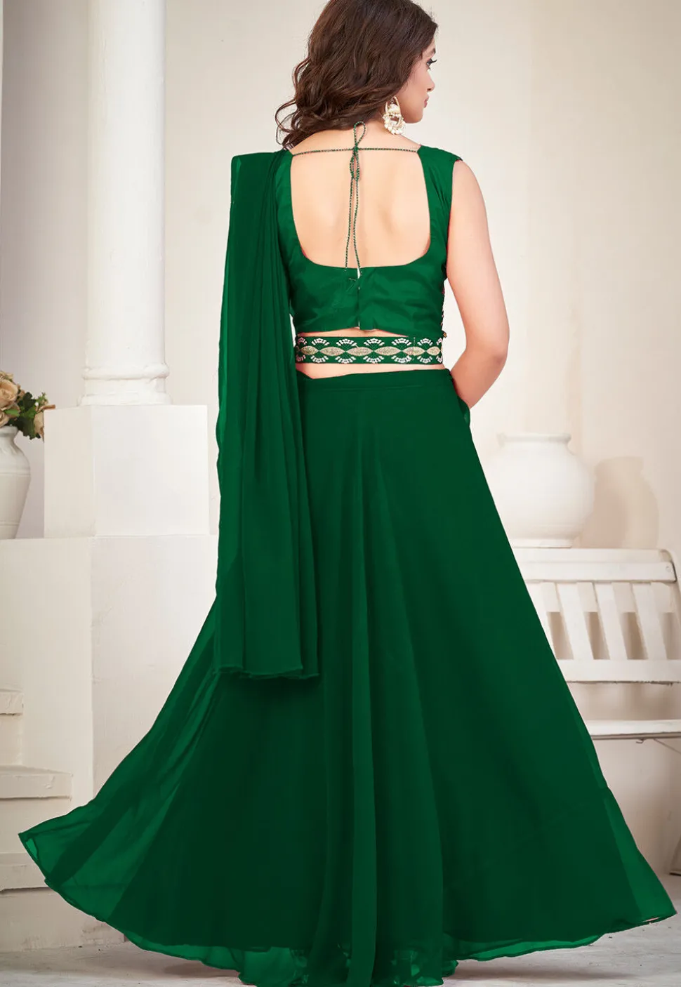 Embroidered Georgette Lehenga in Dark Green