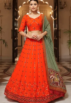 Embroidered Georgette Lehenga in Orange