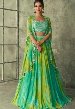 Embroidered Georgette Lehenga in Sea Green and Yellow
