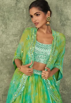 Embroidered Georgette Lehenga in Sea Green and Yellow