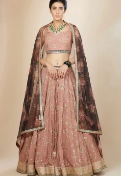 Embroidered Georgette Lehenga in Peach