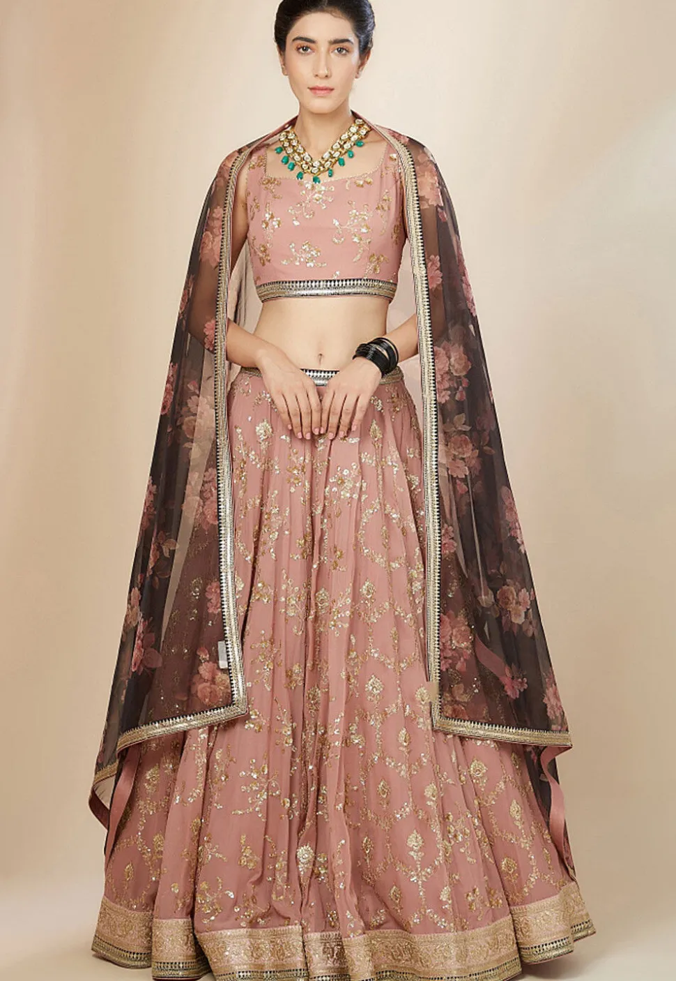 Embroidered Georgette Lehenga in Peach