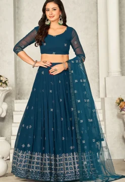 Embroidered Georgette Lehenga in Teal Blue