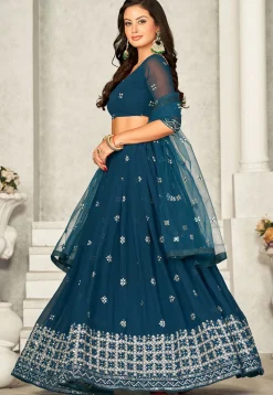 Embroidered Georgette Lehenga in Teal Blue