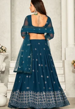 Embroidered Georgette Lehenga in Teal Blue