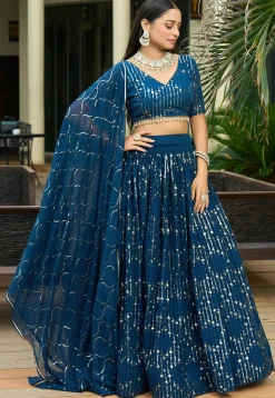 Embroidered Georgette Lehenga in Teal Blue