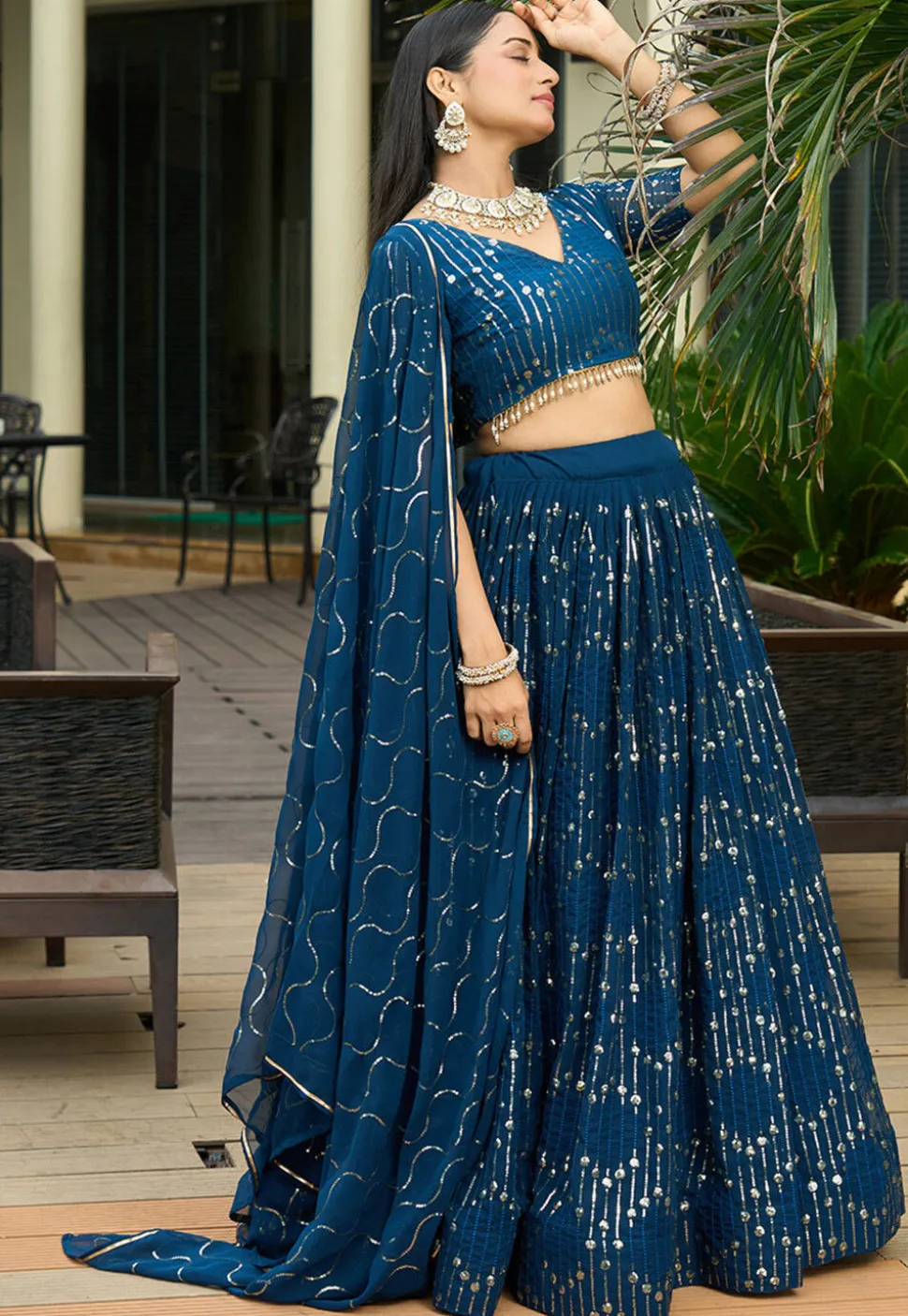 Embroidered Georgette Lehenga in Teal Blue