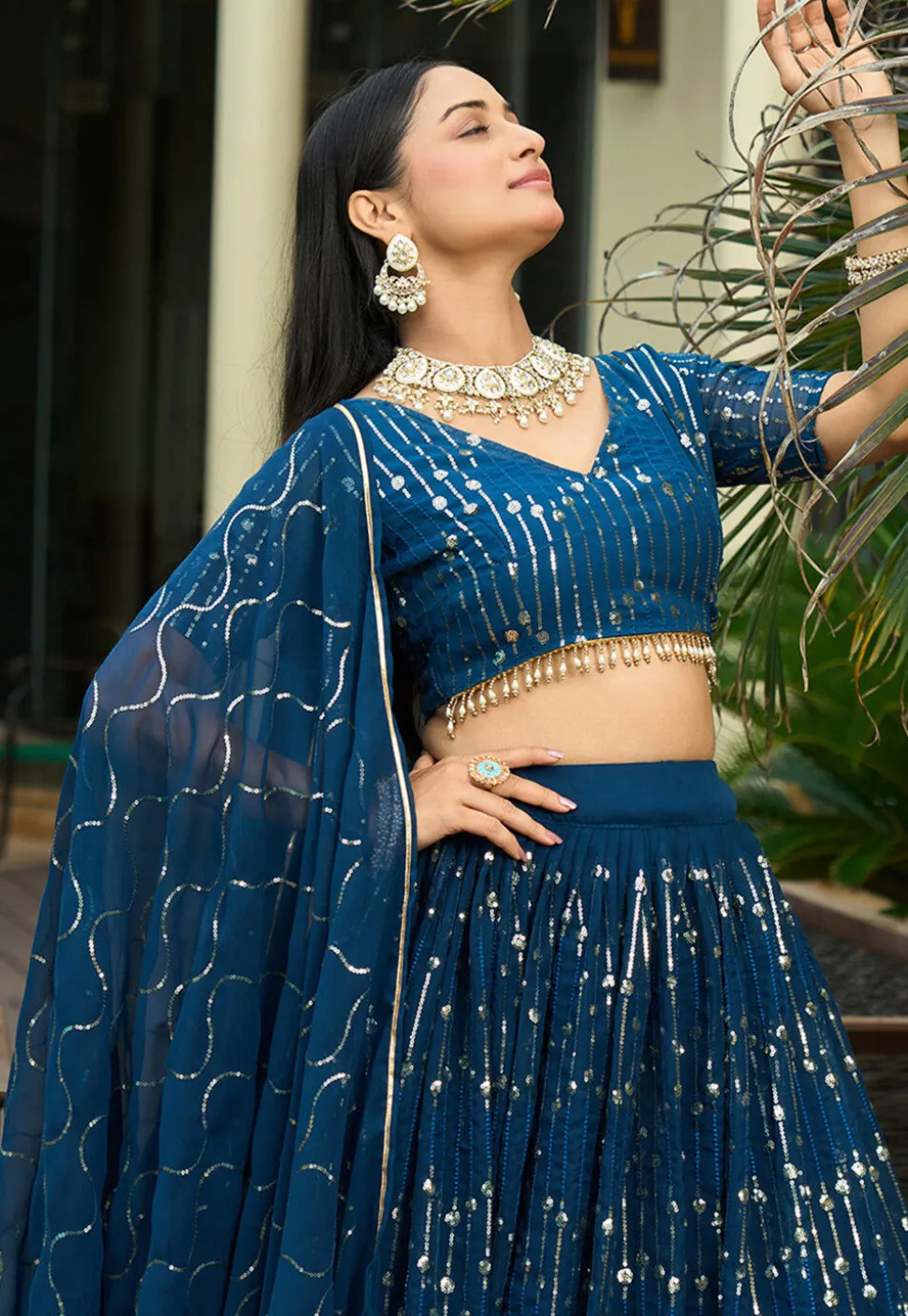 Embroidered Georgette Lehenga in Teal Blue