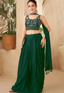Embroidered Georgette Lehenga in Dark Green