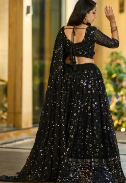 Embroidered Georgette Lehenga in Black