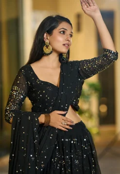 Embroidered Georgette Lehenga in Black