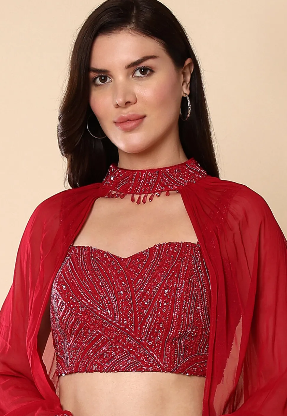 Embroidered Georgette Lehenga in Red