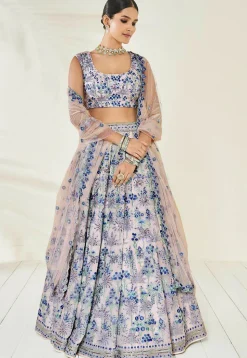 Embroidered Georgette Lehenga in Beige and Blue