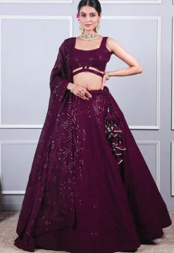 Embroidered Georgette Lehenga in Wine