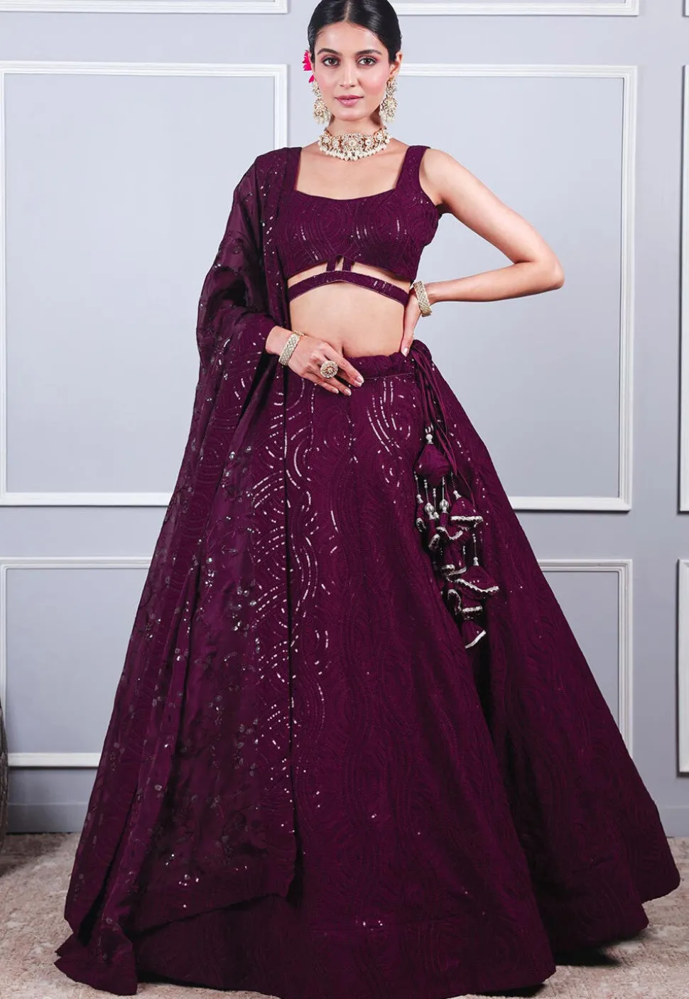 Embroidered Georgette Lehenga in Wine