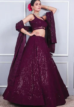 Embroidered Georgette Lehenga in Wine