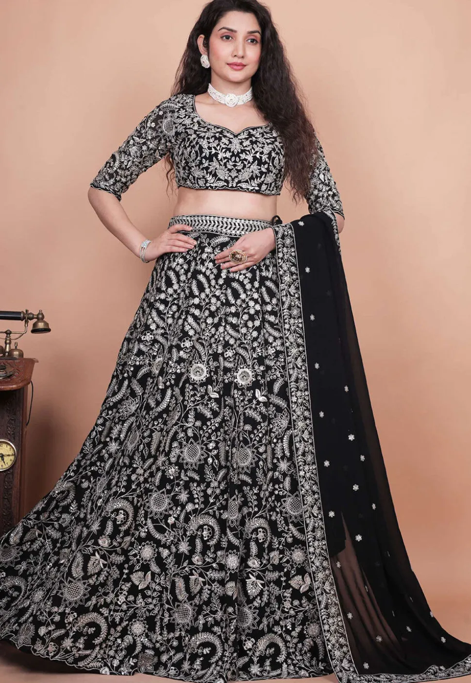 Embroidered Georgette Lehenga in Black