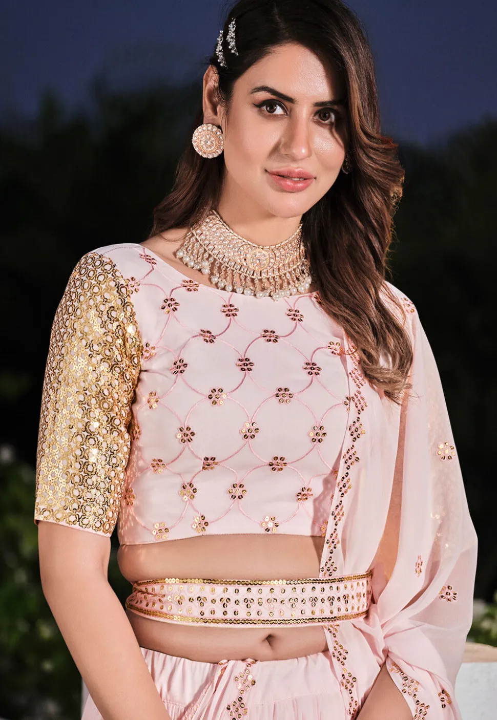 Embroidered Georgette Lehenga in Light Pink