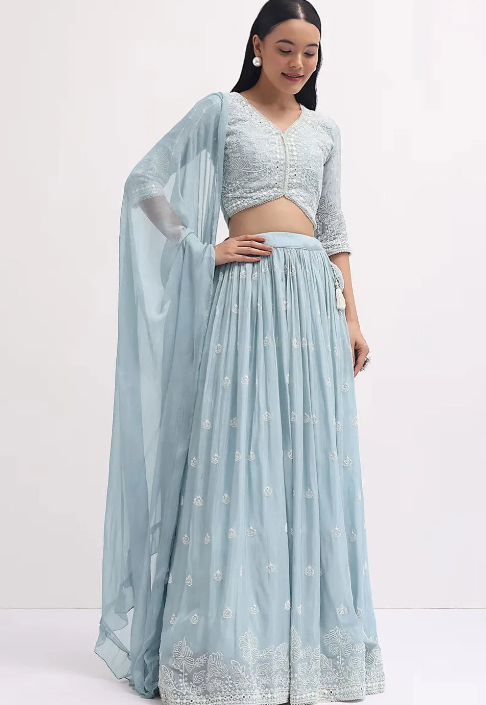 Embroidered Georgette Lehenga in Light Blue