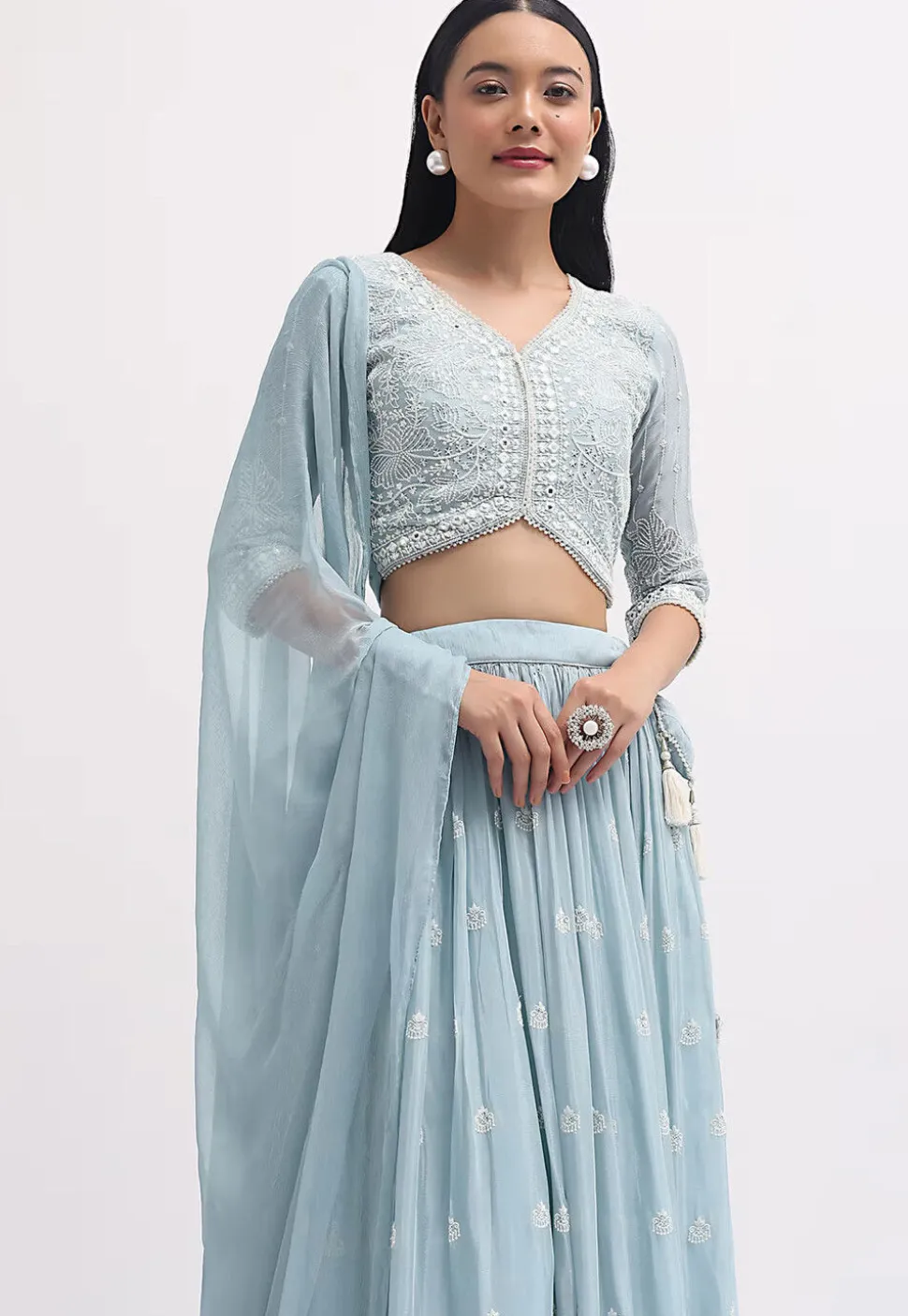 Embroidered Georgette Lehenga in Light Blue
