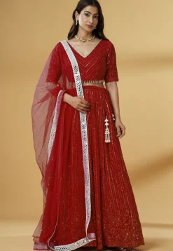 Embroidered Georgette Lehenga in Maroon