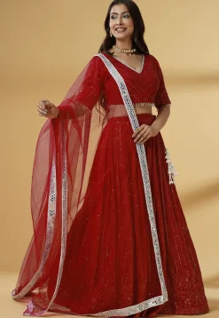 Embroidered Georgette Lehenga in Maroon