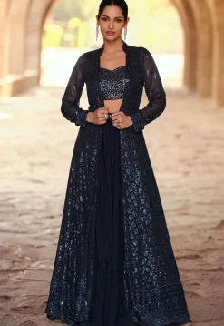 Embroidered Georgette Lehenga in Navy Blue