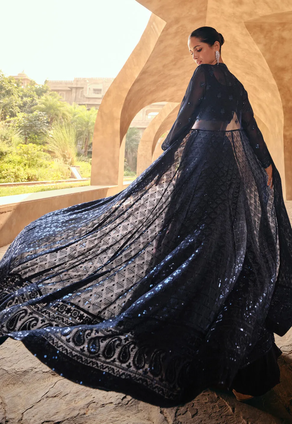 Embroidered Georgette Lehenga in Navy Blue