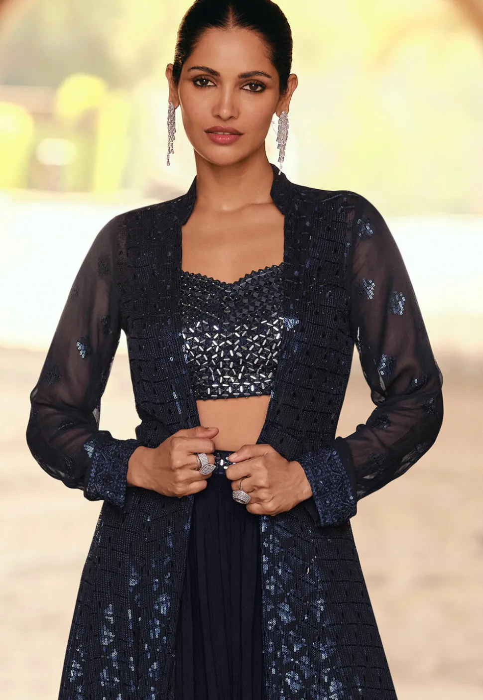 Embroidered Georgette Lehenga in Navy Blue