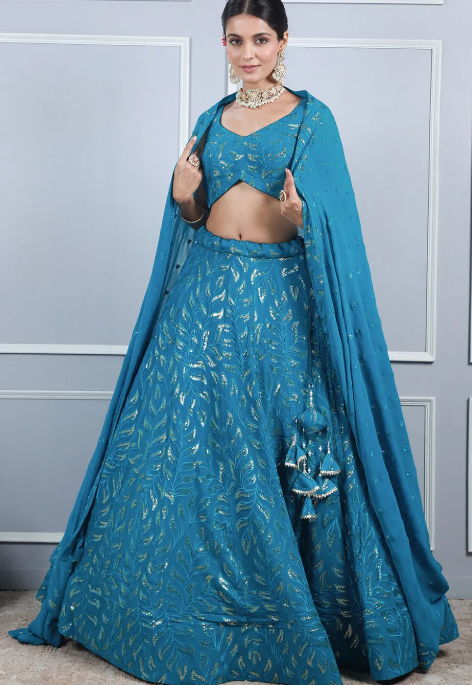 Embroidered Georgette Lehenga in Teal Blue