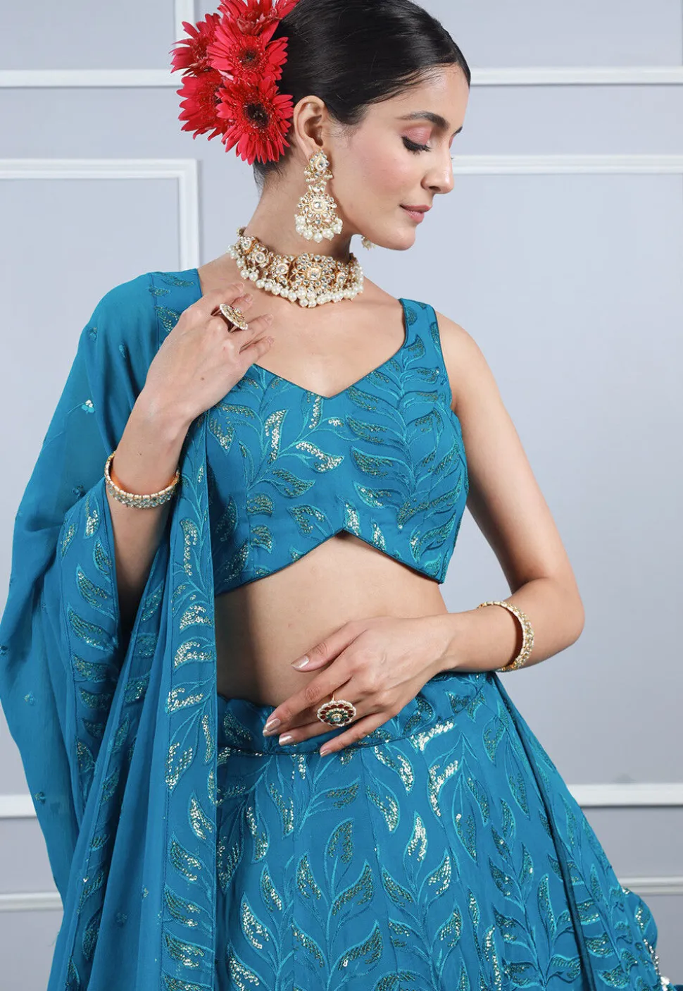 Embroidered Georgette Lehenga in Teal Blue
