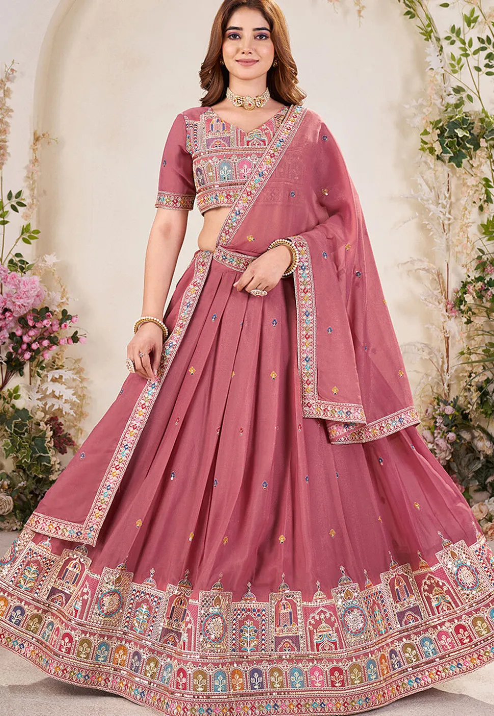 Embroidered Georgette Lehenga in Pink