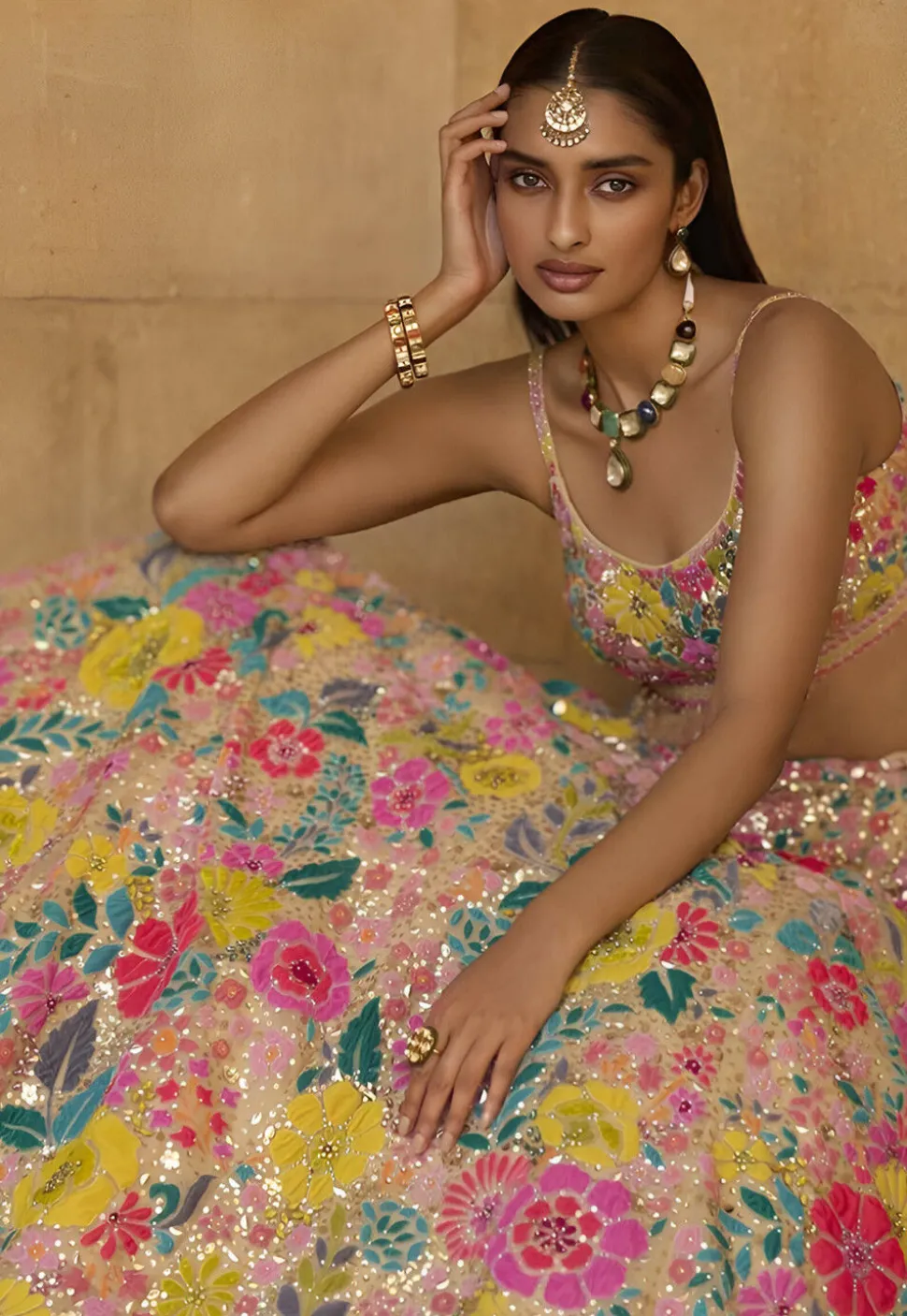 Embroidered Georgette Lehenga in Beige