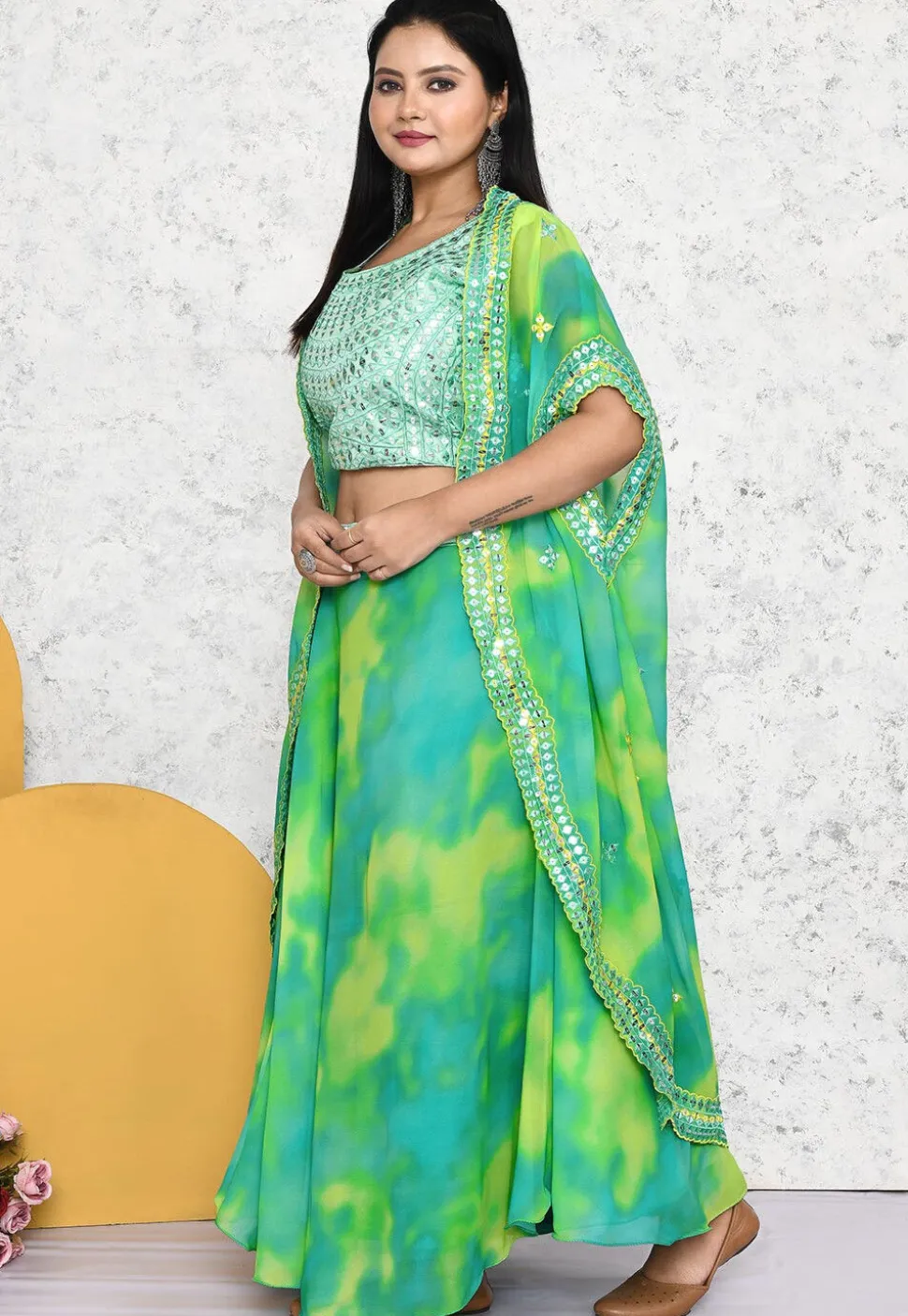 Embroidered Georgette Lehenga in Sea Green and Yellow