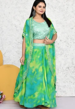 Embroidered Georgette Lehenga in Sea Green and Yellow