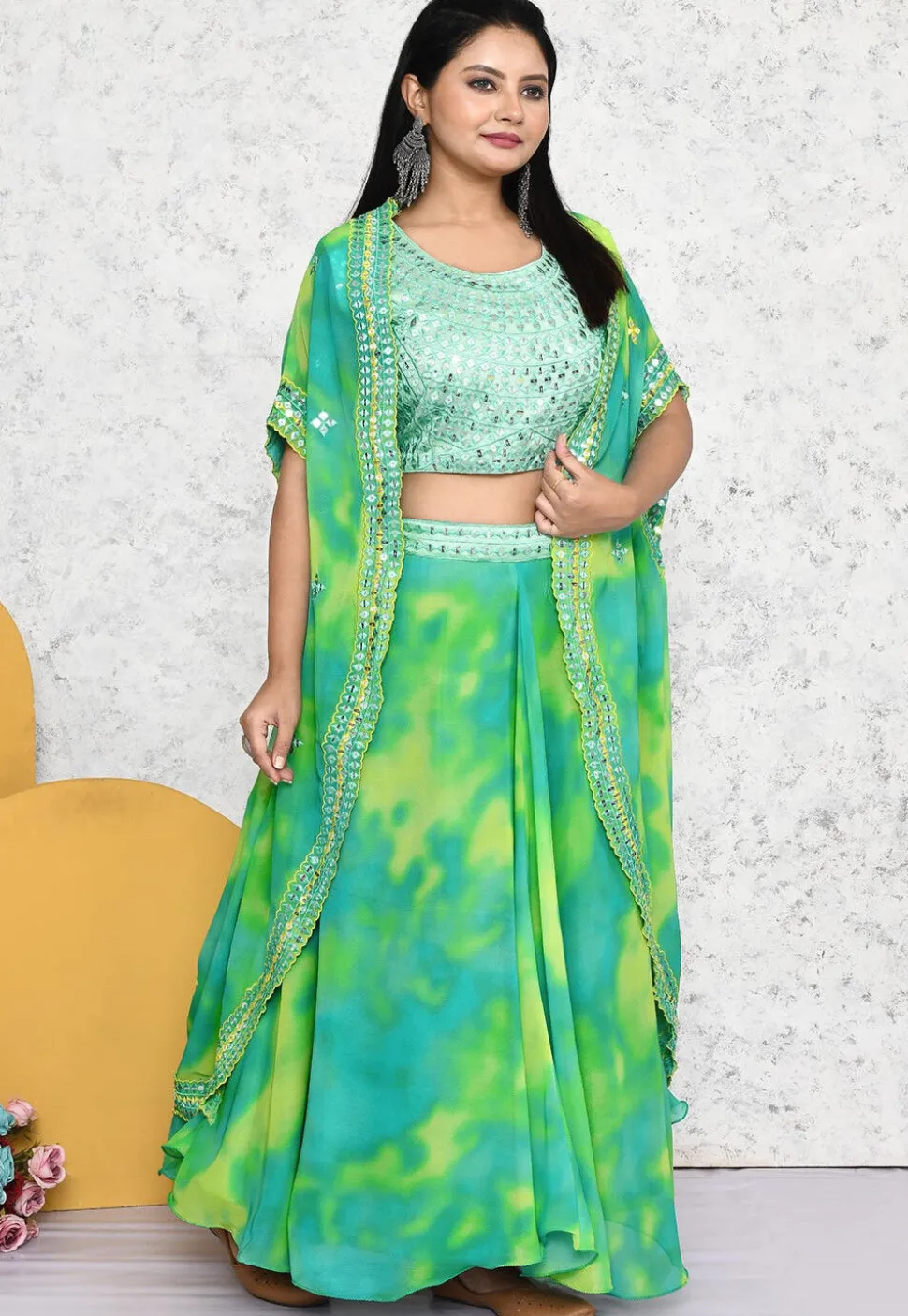 Embroidered Georgette Lehenga in Sea Green and Yellow