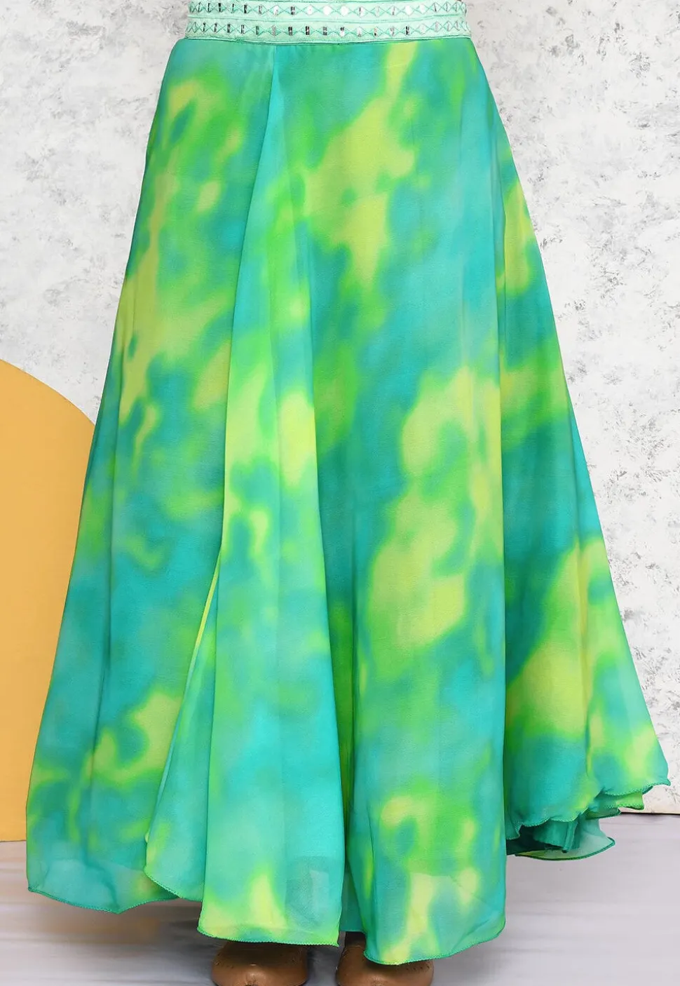 Embroidered Georgette Lehenga in Sea Green and Yellow