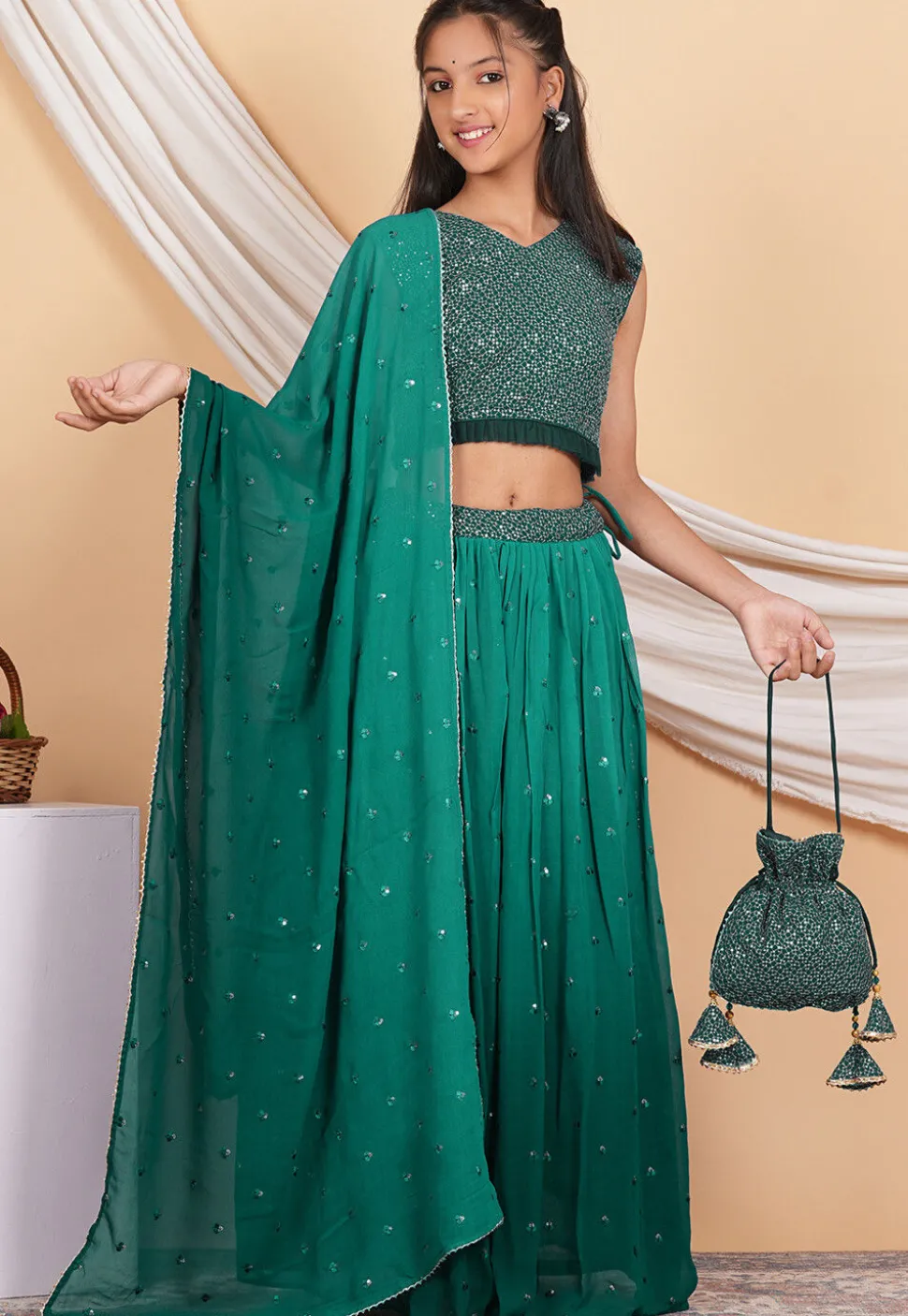 Embroidered Georgette Lehenga in Shaded Teal Green