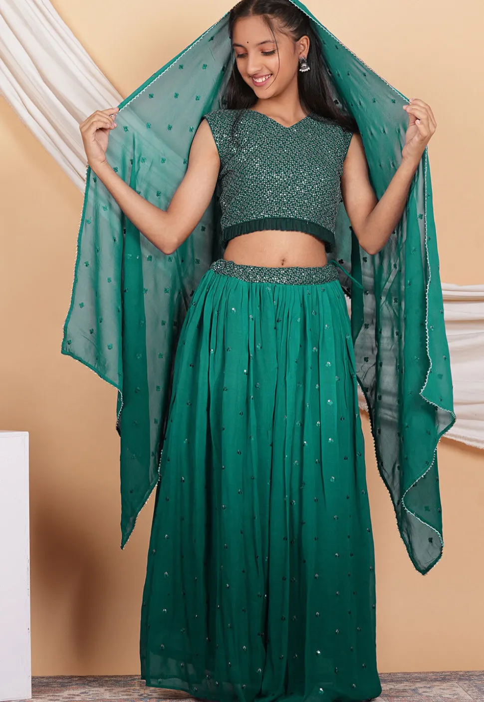 Embroidered Georgette Lehenga in Shaded Teal Green