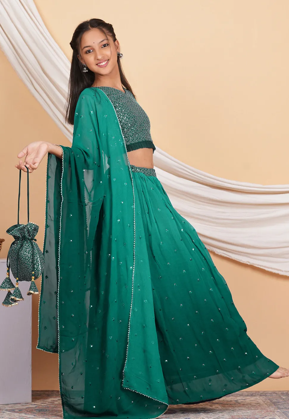 Embroidered Georgette Lehenga in Shaded Teal Green